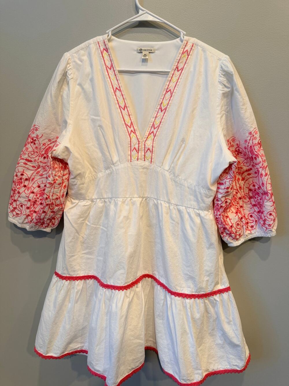 VERSONA Boho Embroidered Tiered Babydoll Dress White Pink Size XL